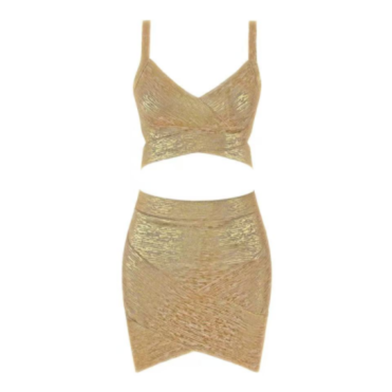 Camisole in maglia stampata in oro estivo, set di gonna avvolgente alla moda