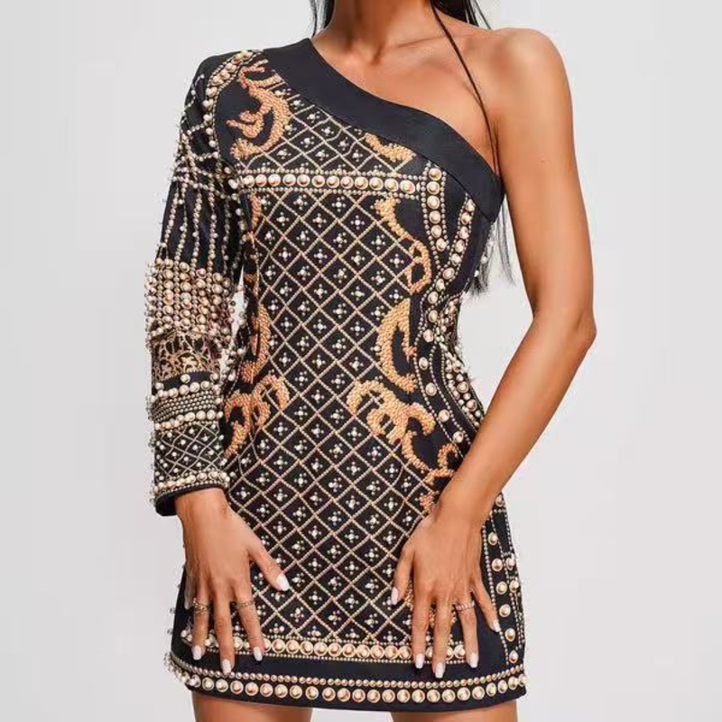 Summer Jacquard Knit Slant Offerte Long Maniche, abiti sottili perline